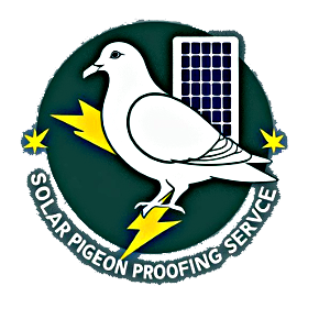 solar pigeon proofing service logo, a pigeon next to a solar panel with the company name around it