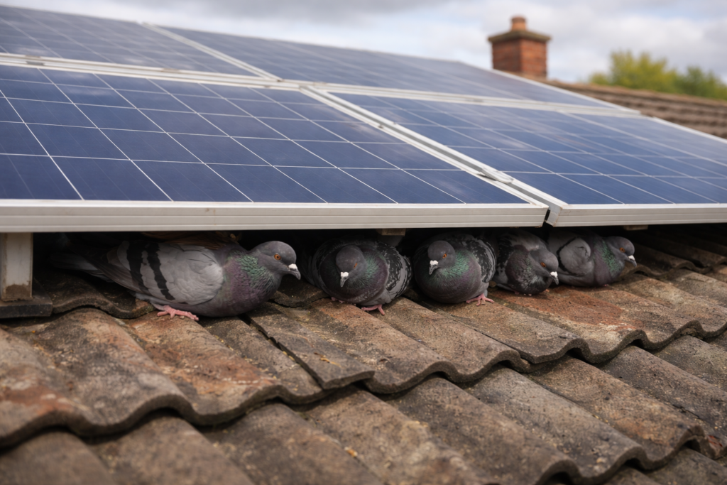 solar pigeon proofing service. image of pigeons nesting under solar panels