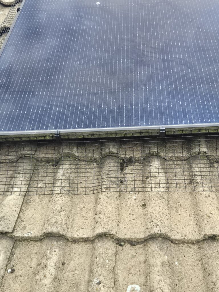 Solar panels in Leeds fitted with professional pigeon proofing mesh using UV-rated solar clips to prevent birds nesting underneath.