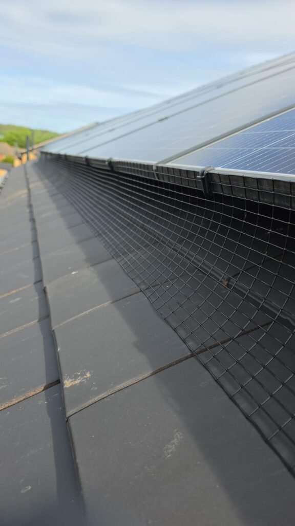 Solar panel pigeon proofing in Chapeltown Sheffield using black PVC-coated galvanised mesh and 35mm UV-rated Solar Fast Fix clips.